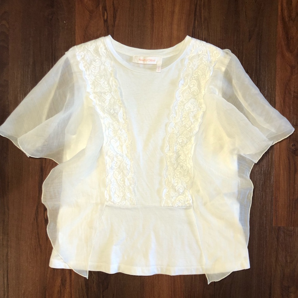 See By Chloé White Powder Lace Overlay Lace T-Shirt Tank Top Size Medium